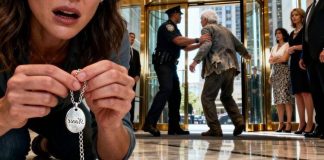 Gurnuli su ga iz predvorja kao da je đubre. „Odlazi, starče — ovo je privatna zgrada!“ zalajao je obezbeđivač, dok su bogati stanari posmatrali sa samozadovoljnim izrazom. Pokušala sam da nateram sebe da odem… dok nisam videla šta je ispalo na mermerni pod: ogrlica. Podigla sam je — i srce mi je stalo. Na privjesku je bilo urezano moje ime. „Nije moguće…“ prošaputala sam, jedva dišući. Jer u tom trenutku sam znala — ovo je otac kojeg sam tražila dvadeset godina…