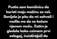 Pustio sam komšinicu da koristi moju mašinu za veš. Donijela je pitu da mi zahvali i molila me da ne kažem njenom mužu.
