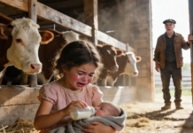 „Žao mi je, gospodine… nemam novca za mlijeko,“ prošaputala je sedmogodišnja djevojčica u pet i trideset ujutro — ali kada ju je teksaški rančer pratio kroz kišu i otkrio gdje se skriva s izgladnjelom bebom, razotkrio je šokantnu priču o napuštanju i borbi za starateljstvo kakvu niko nije mogao naslutiti 😱