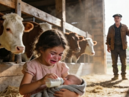 „Žao mi je, gospodine… nemam novca za mlijeko,“ prošaputala je sedmogodišnja djevojčica u pet i trideset ujutro — ali kada ju je teksaški rančer pratio kroz kišu i otkrio gdje se skriva s izgladnjelom bebom, razotkrio je šokantnu priču o napuštanju i borbi za starateljstvo kakvu niko nije mogao naslutiti 😱